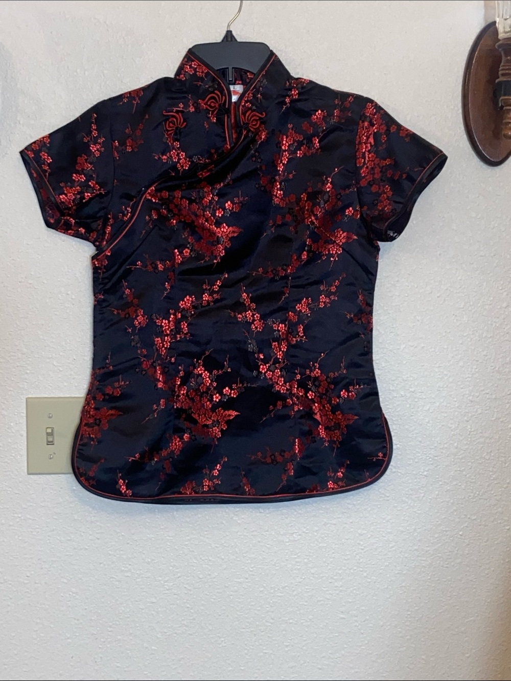 Black Satin Mandarin Collar Blouse with Red Floral Jacquard